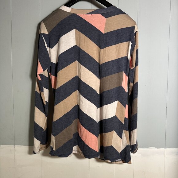 Egs Tunic Style Navy Pink Chevron Long Sleeve Twist Hem Top Size Large. - Picture 2 of 8